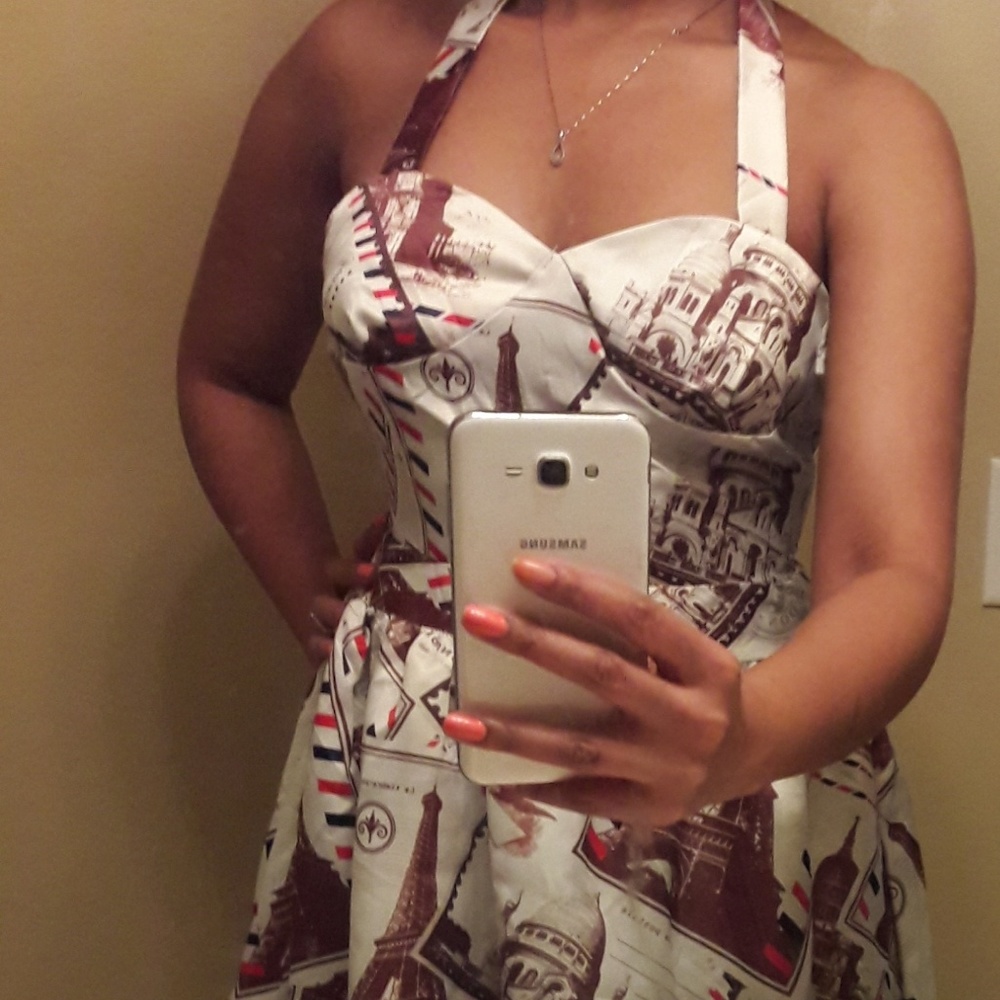 Postcard 1950's style halter dress, satin feel